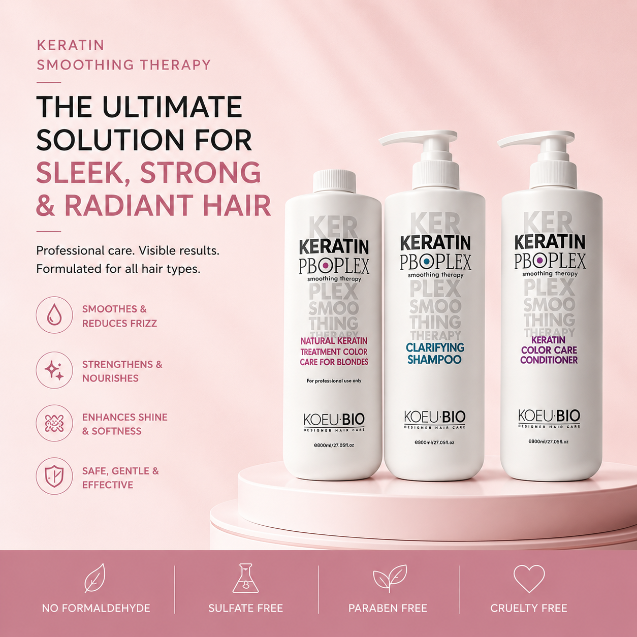 Formaldehyde-Free Keratin Smoothing Kit – Treatment + Clarifying Shampoo + Color Care Conditioner